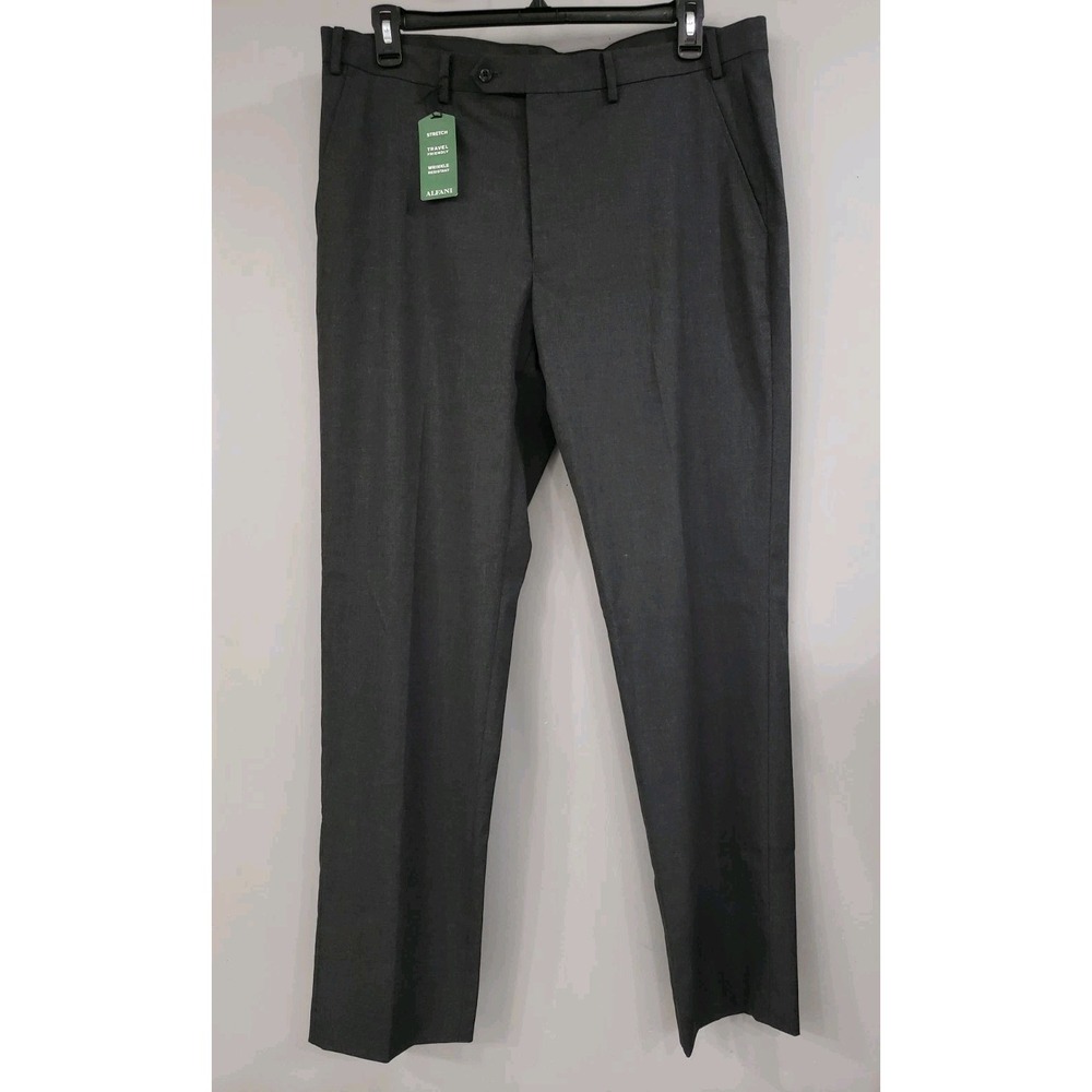 Alfani Mens Slim fit Dress Pants 38x32‎ Gray Solid Stretch Travel Wrinkle Resis